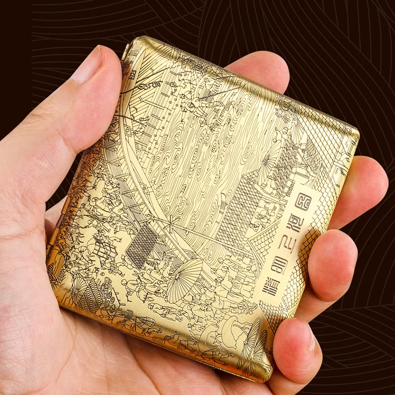 Фото Портсигар Qingming Shanghetu, латунь, модный металл, 20 шт., портативный, золотой, латунь №1