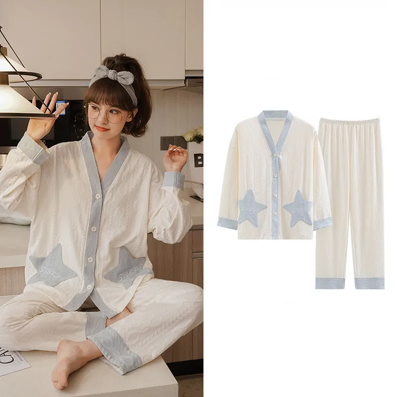 Women's Pajama Spring Autumn Long Sleeve Cardigan Trousers Set Simple Ladies Two-Piece Suit Plus Size Nightwear Home Clothes