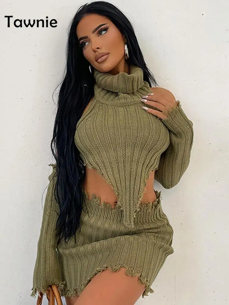 

Tawnie 2022 Fall Y2K Green Knitted Halter Dress Sets Women Turtleneck Backless Crop Top Mini Skirts 2 Piece Set Party Outfits