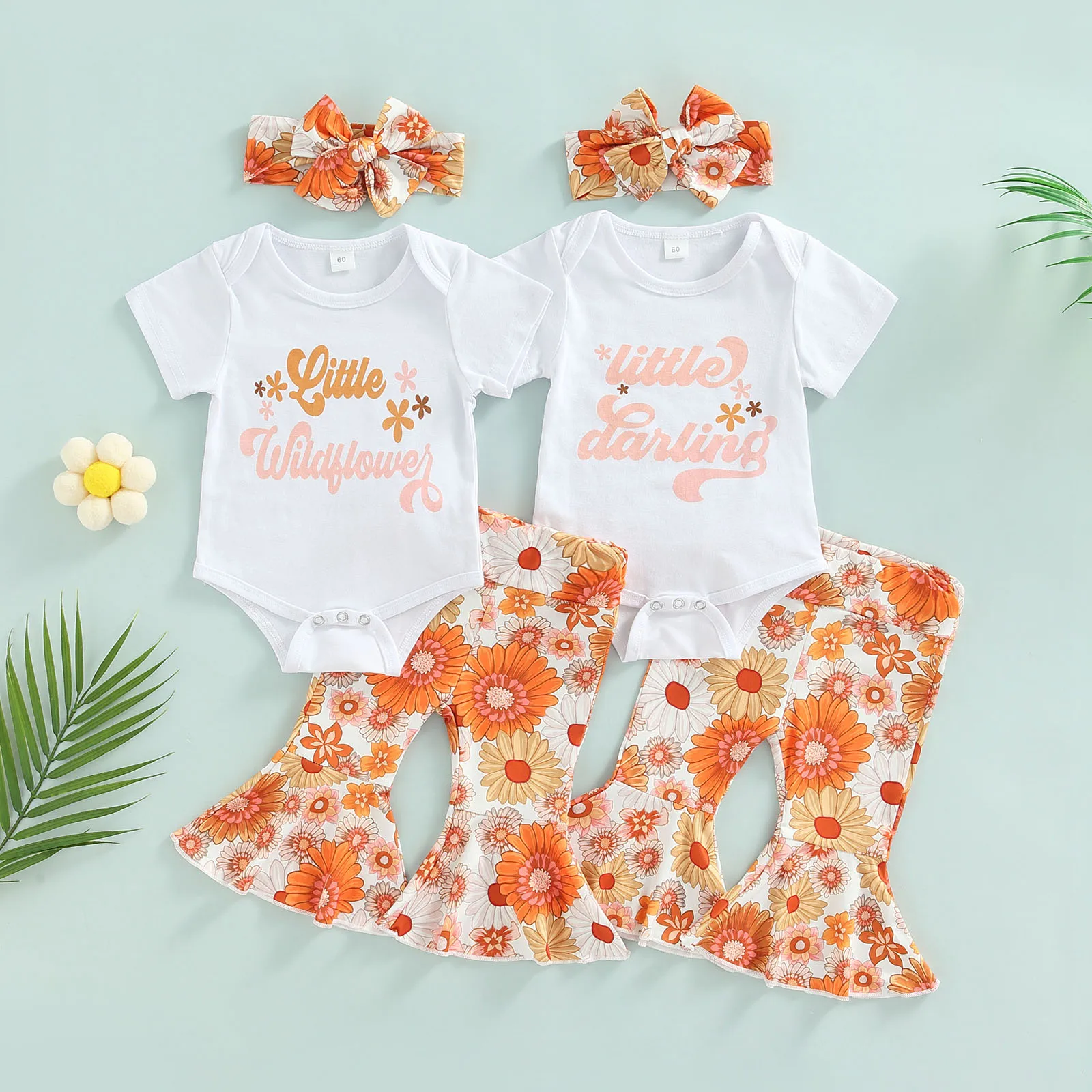 2022-05-04 Lioraitiin 0-12M Baby Girl Pants Set Letter Printing Short Sleeve Romper Floral Print Flared Trousers Bow Headband