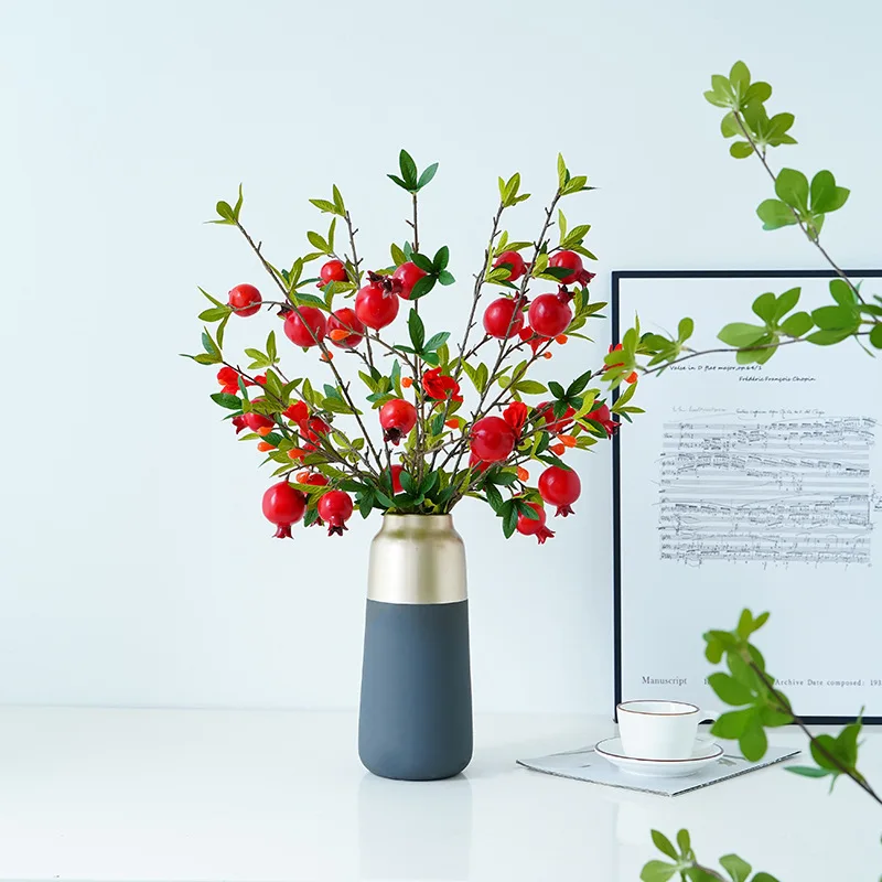 

New Year Decoration 5 Heads Pomegranate Branch Artificial Plant Home Ornaments Display Fake Fruit Plant Decor Flower Bouquet