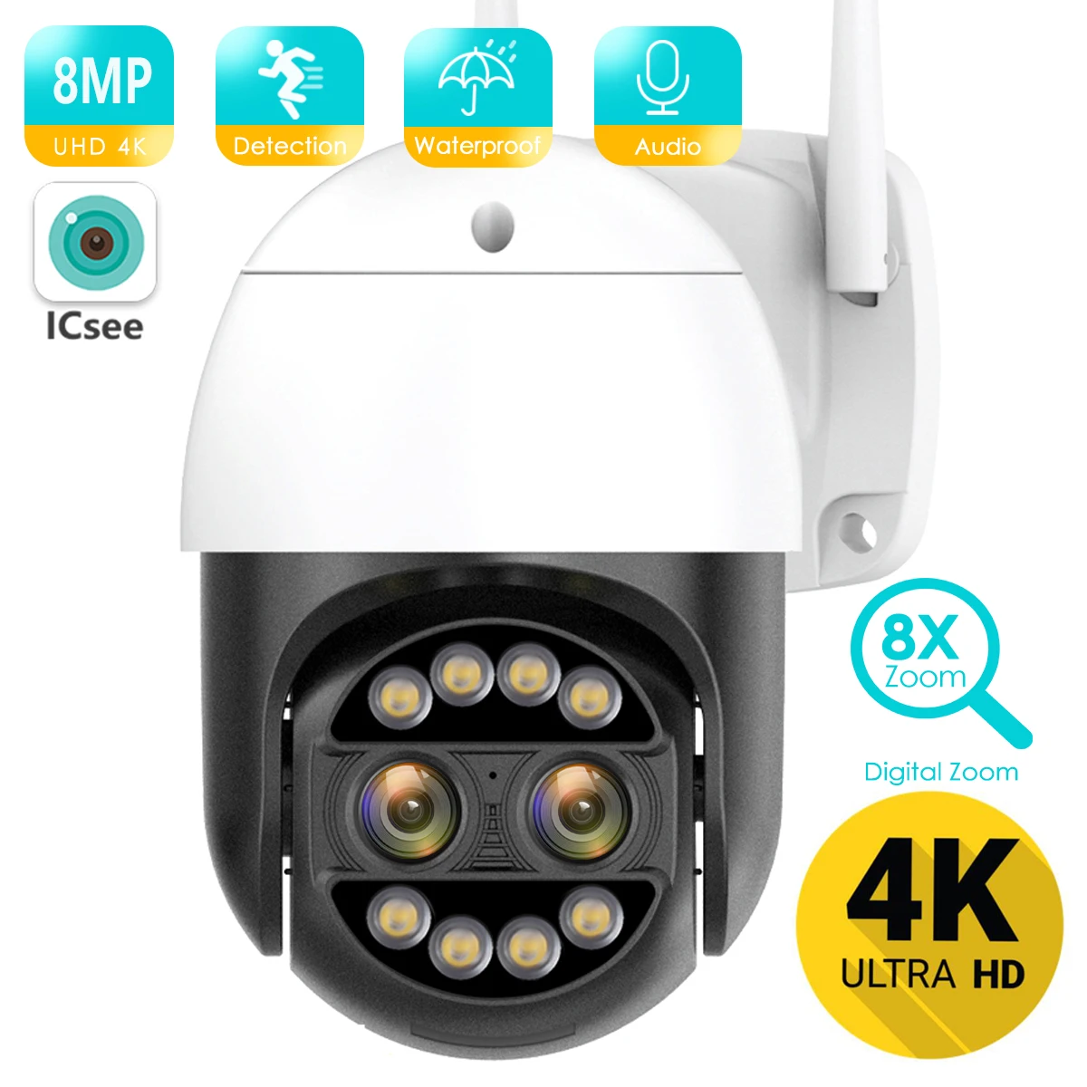 BESDER-8MP 4K 8x 하이브리드 줌 2.8 + 12mm 듀얼 렌즈 PTZ IP 카메라, WiFi 인간 감지 4MP 오디오 보안 비디오 감시 카메라