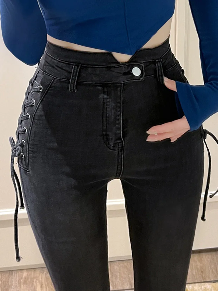 Casual High-Waisted Stretch Jeans With Side Lace Up Nine-Point Leg Pants 2023 New Korean Fashion Women'S Clothing