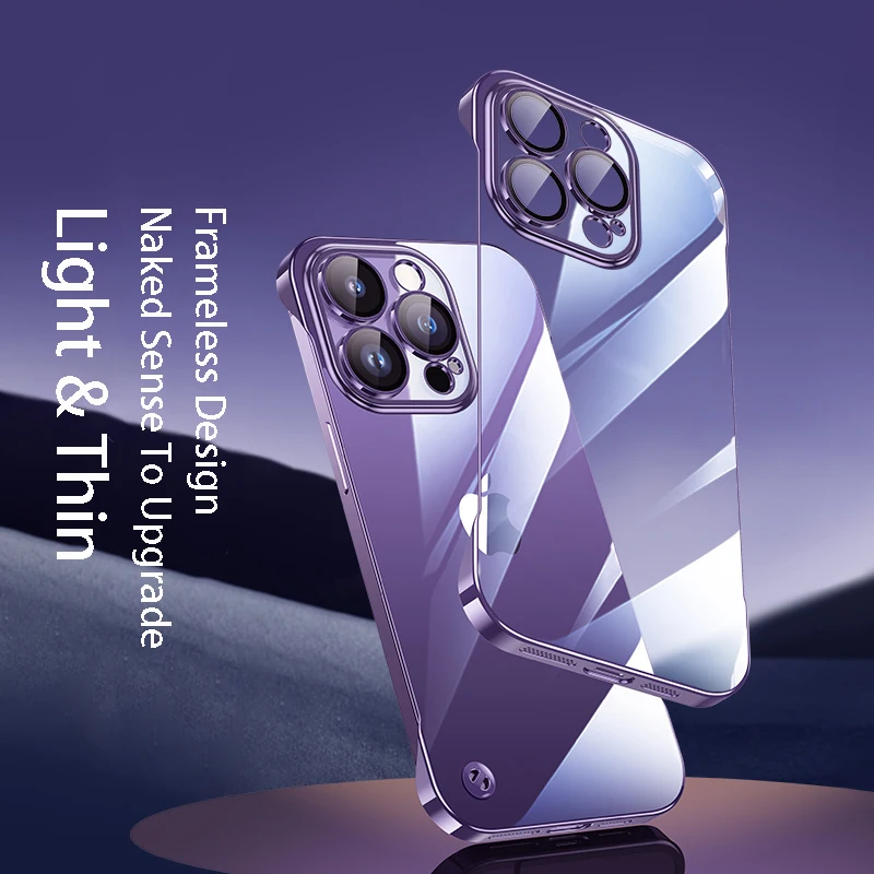 

Ultra Thin Electroplated Frameless Crystal Clear Case for iPhone 14 13 12 Pro Max Plus Slim Hard PC Transparent Glass Lens Cover