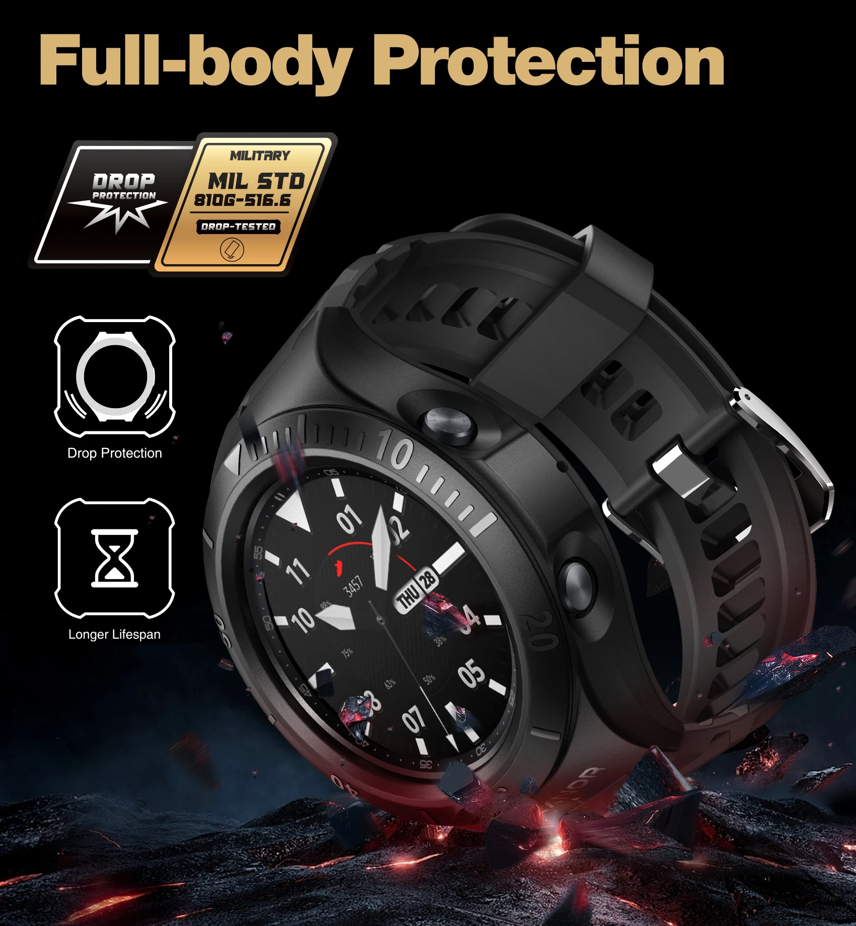 Фото Спортивный деловой чехол Dexnor для Samsung Galaxy Watch 3, Чехол 45 мм (2020), Прочный противоударный чехол военного класса с ремешком №2