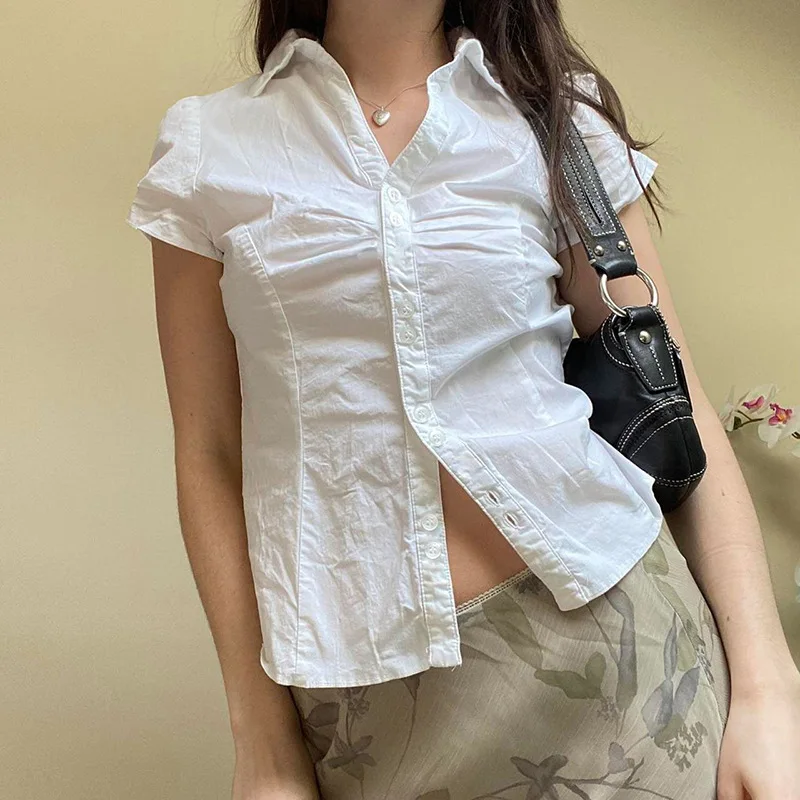 

Pleated Single Breasted Casual Shirt Women 2023 Summer Back Lace-up Short Sleeve White Blouse Slim Fashion Lady Tops Mujer 27985
