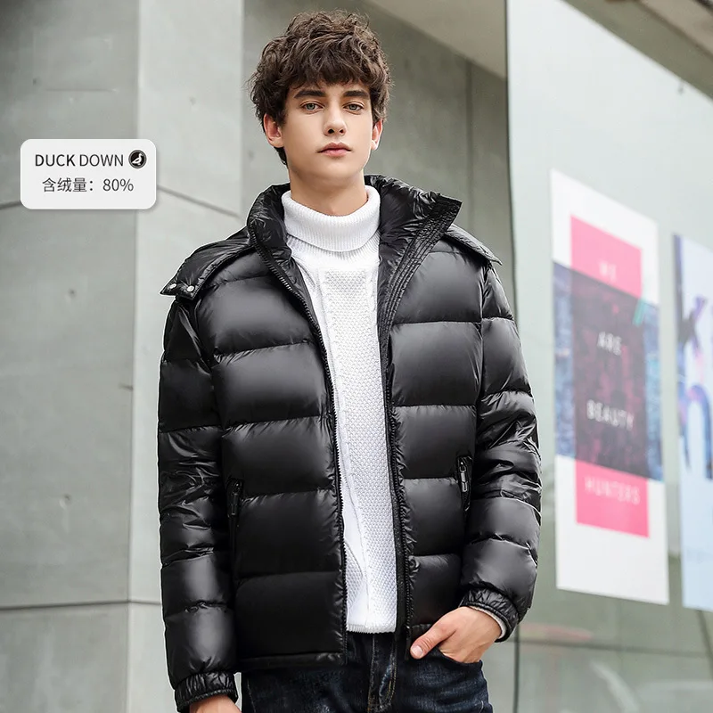 Men's Down Jacket Short Thickened White Duck Down Warm Bright Hooded Winter Down Jacket Youth With Hood Jacket Thick Men's Parka