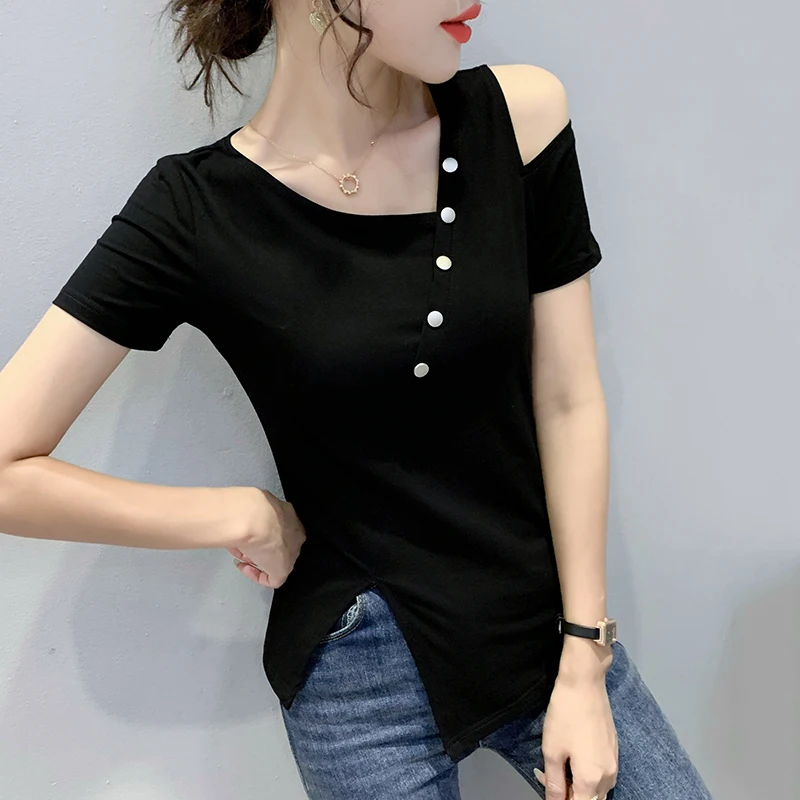 

Черно-белая хлопковая футболка в полоску, Женская хлопковая Футболка с косым воротником, пуговицами и открытыми плечами, облегающий Топ, Ас...