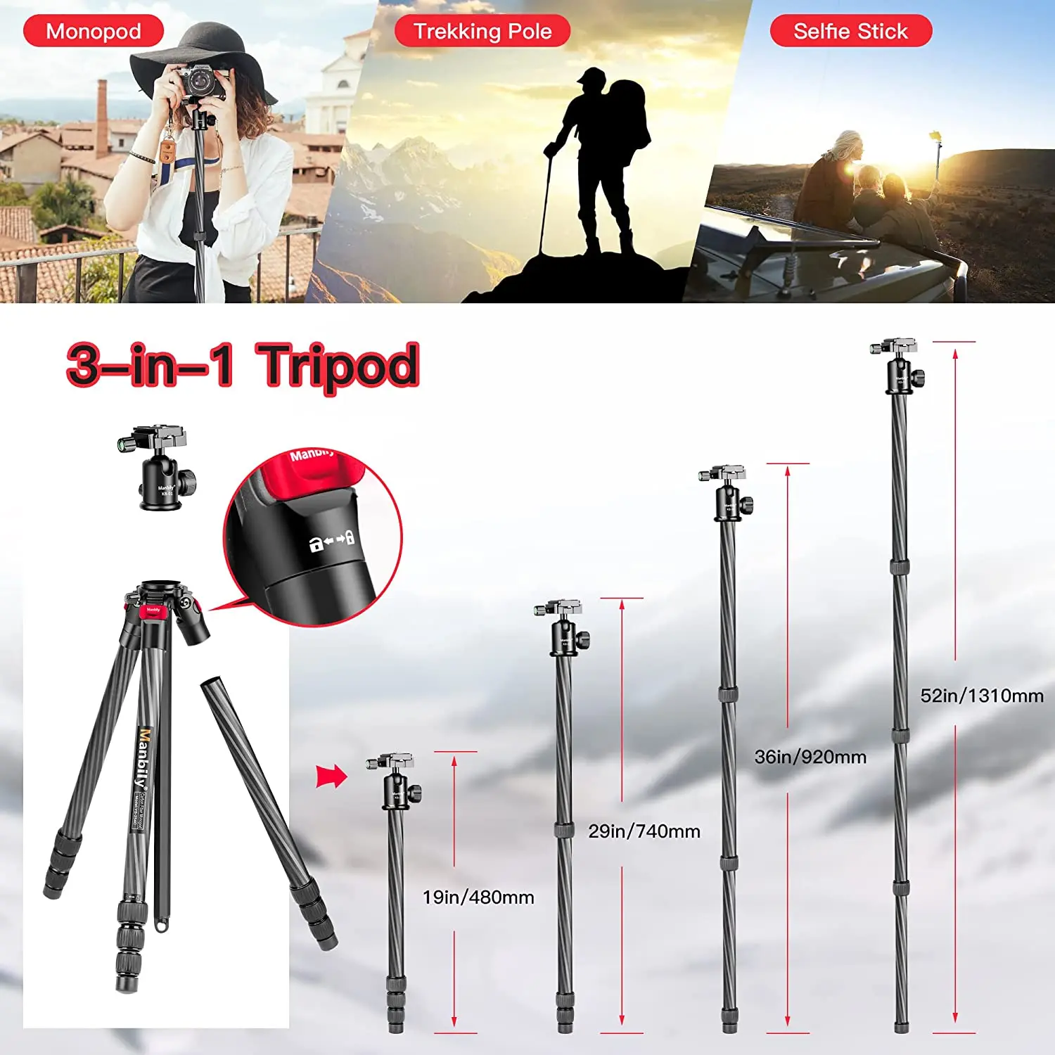 

Manbily YS-254C Professional Carbon Fiber Tripod Stand with Ballhead and Quick Release Tripod for Dslr Camera Mobile Phone