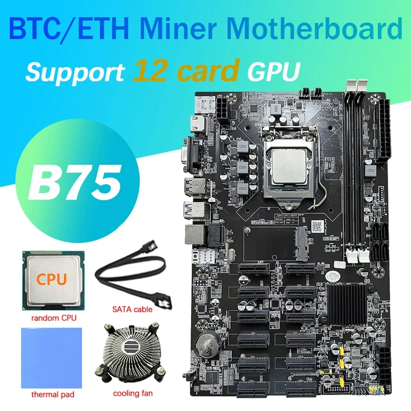 12 Cards B75 BTC Mining Motherboard+CPU+Fan+Thermal Pad+SATA Cable 12 PCI-E To USB3.0 Slot LGA1155 DDR3 MSATA ETH Mine