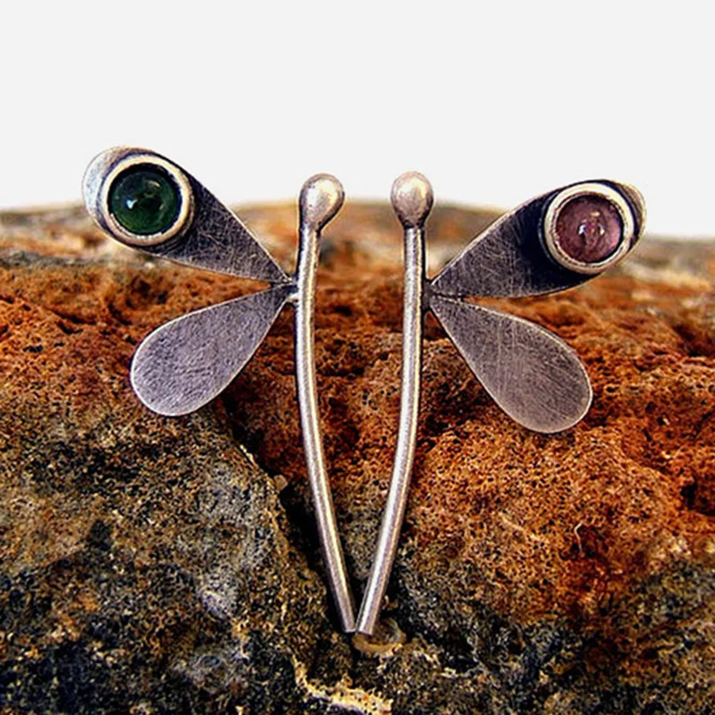 

Fashion Asymmetrical Dragonfly Earrings for Women Animal Insects Red and Green Stones Natural Retro Personality Trend Jewelry