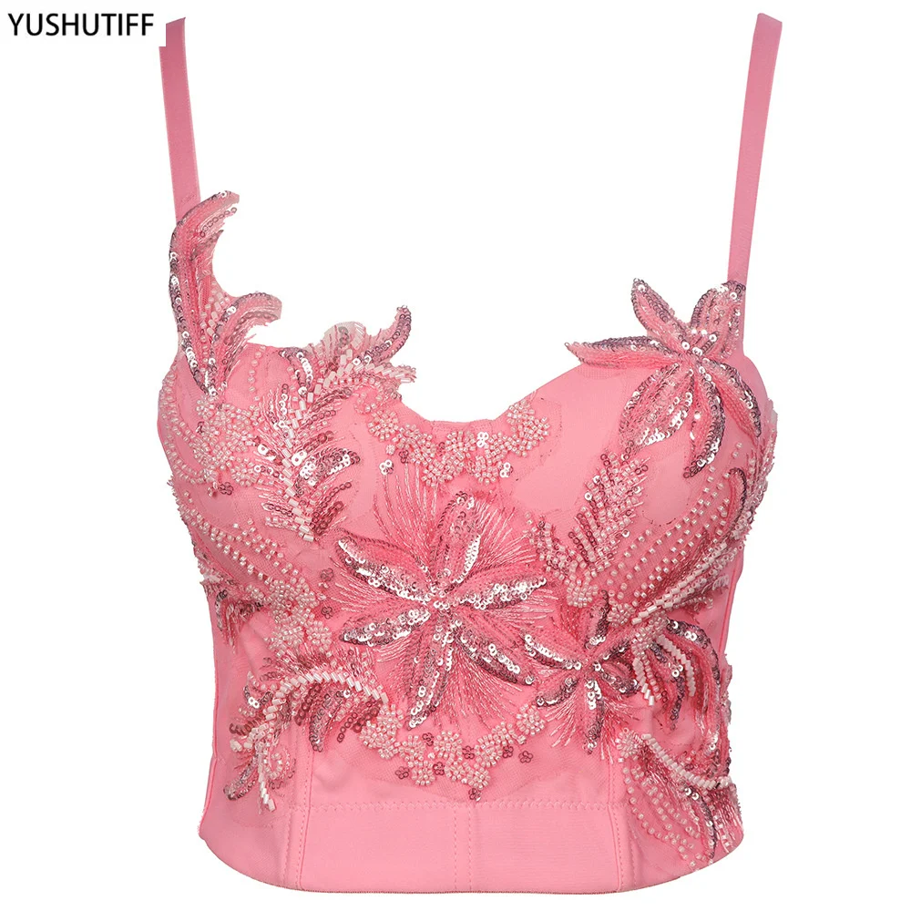 

Slim Camis Cropped Tops With Built in Bra Women Beading Sequins Crop Top Female Sexy Spaghetti Strap Corset Push Up Bustier