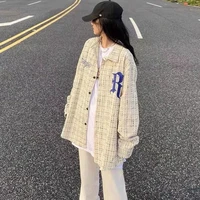 letter embroidery plaid long sleeved shirt men and women ins high street new style ruffian handsome all match loose jacket