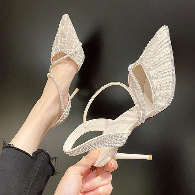 

Fashion OL Women Sandals Pointed-toe Summer Pumps For Womans Party Shoes Mesh 10cm Thin Heel Wedding Female Office High Heels