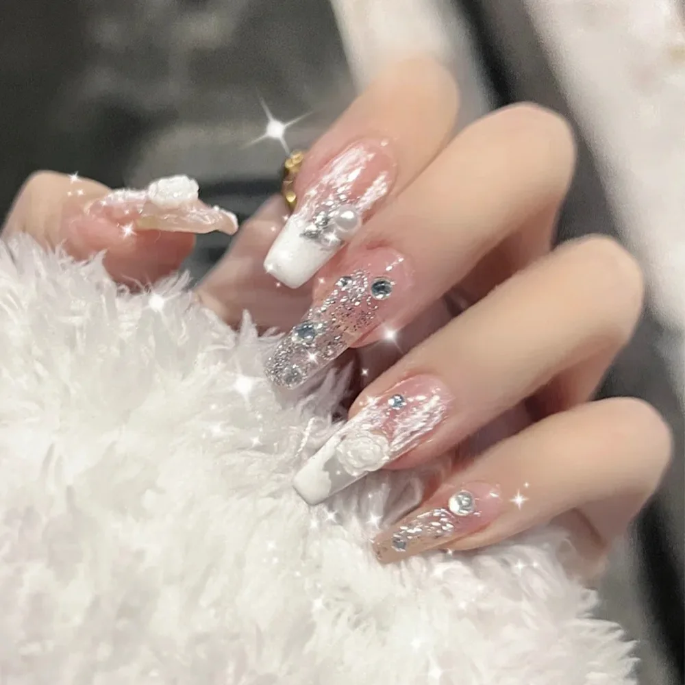 2023 New Styles Gradient Fake Nails Press on Nail Diamond Cross Art Long Tips False Forms with Glue Stick Stickers Reusable Set