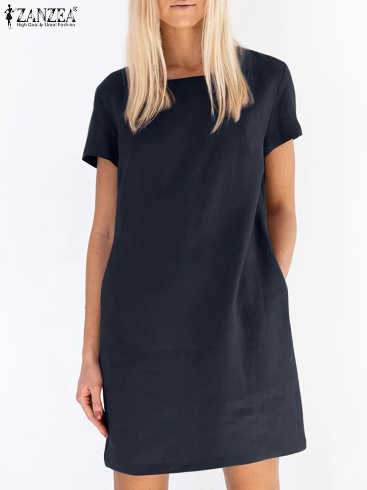 

Fashion Solid Mini Dress Women Summer Sundress 2022 ZANZEA Casual Short Sleeve Holiday Vestidos Female O Neck Hollow Robe Femme