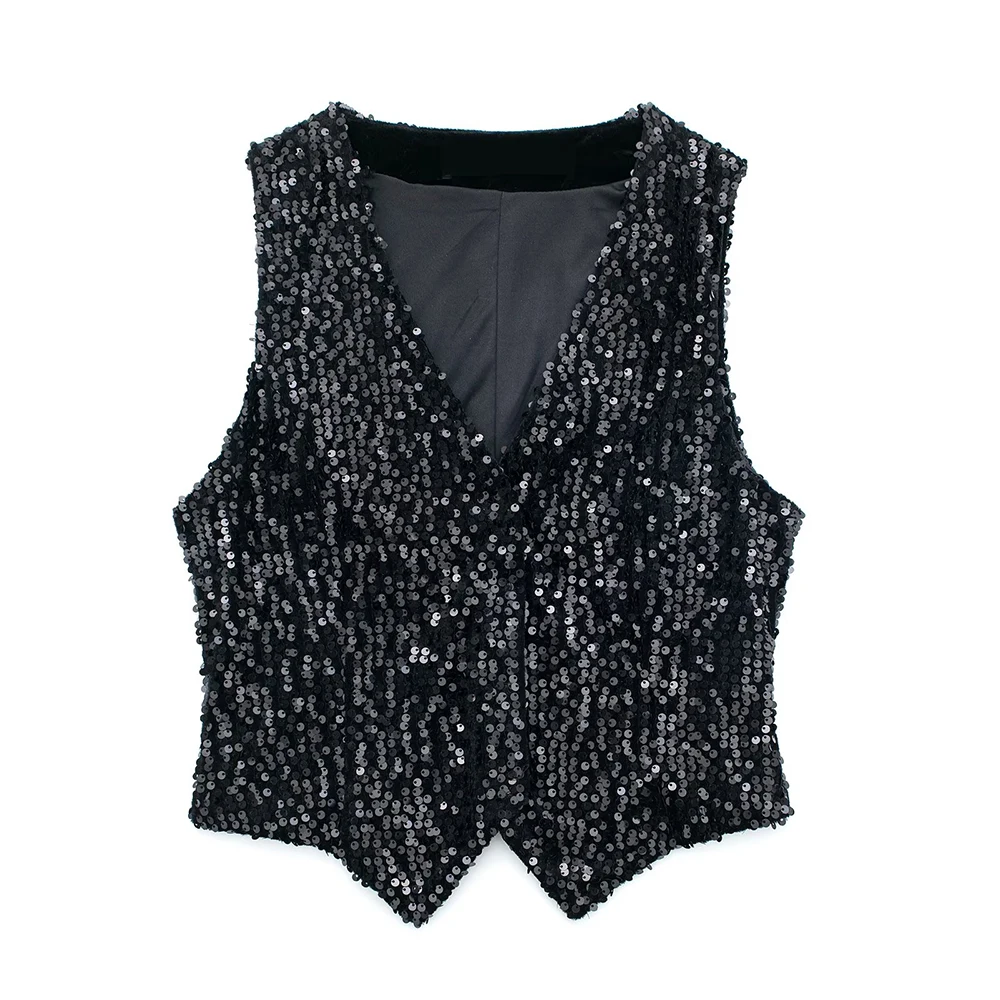 

PB&ZA Sleeveless Jackets Women's Vests Stylish Sequins Decorate Velvet Top Chic and Elegant Female Clothing Waistcoat 4387322