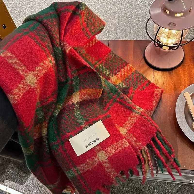 Рождественская атмосфера красный клетчатый шарф женская зимняя универсальная