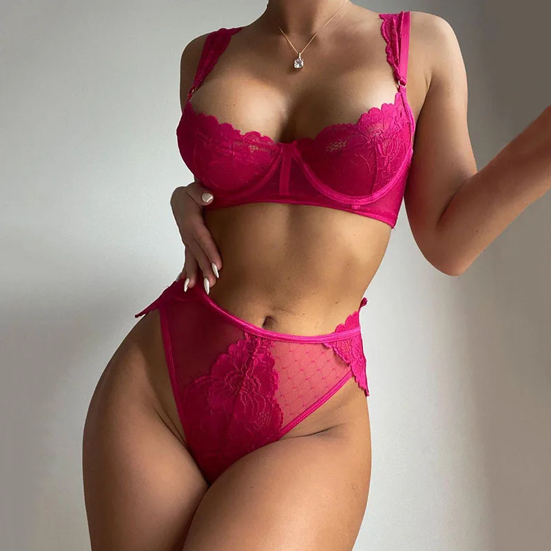 

Lingerie Set Push Up Bra and Panty 2 Pieces Pink Underwear for Women Sexy Lace Mesh Intimate Erotic Costume Bralette Transparent