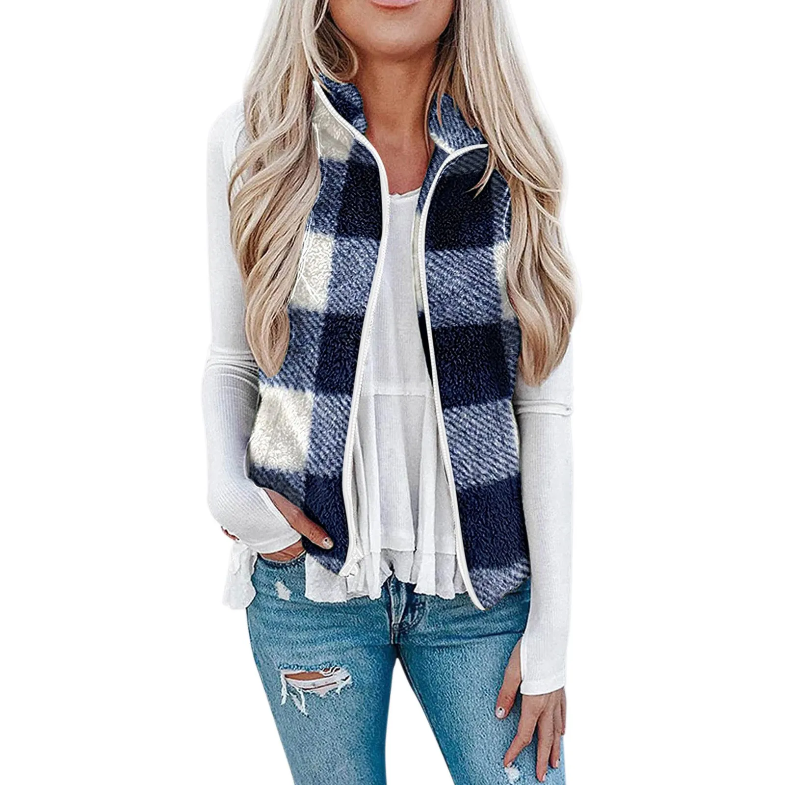 

New Ladies Pocket Zipper Plush Check Tie-dye Leopard Print Vest Vest Jacket Temperament Lapel Winter Jackets Ropa Mujer #20
