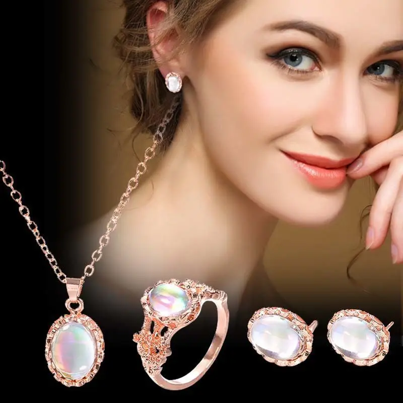 

3 Pieces Glass Rhinestone Jewelry Combination Set Women Fashion New Necklace Stud Earrings Ring Wedding Jewelry