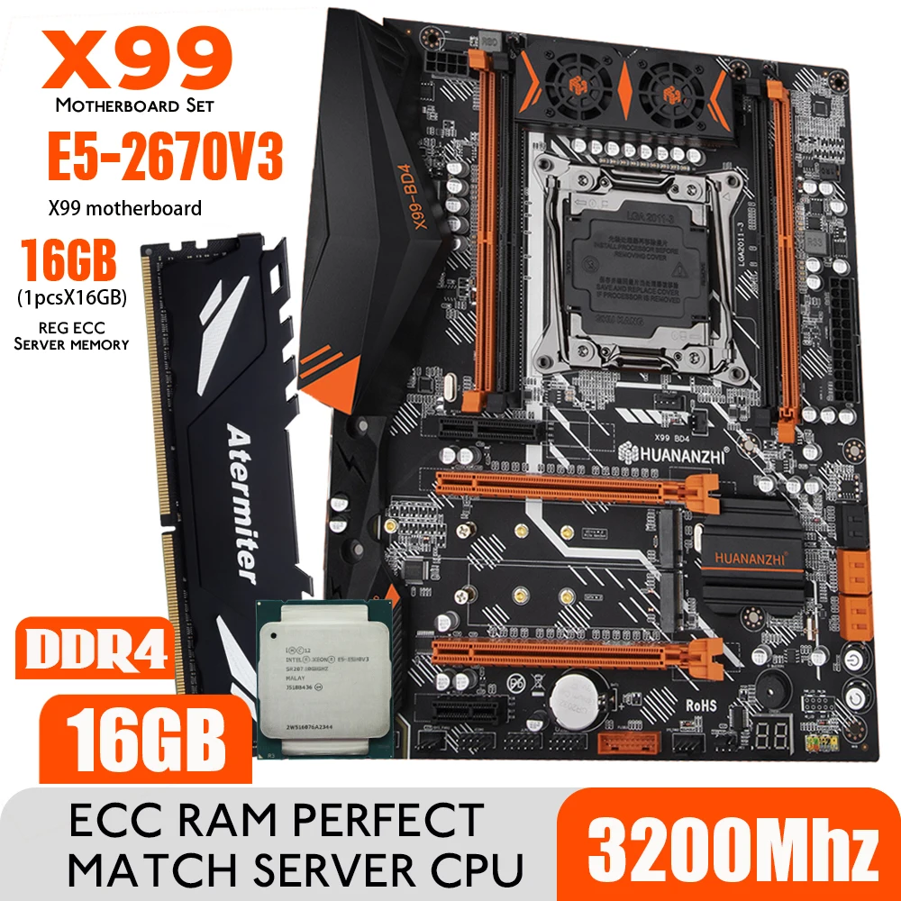 Комплект материнской платы HUANANZHI X99 BD4 2011-3 XEON E5 2670 V3 1*16 ГБ = 16 Гб 3200 МГц DDR4 ОЗУ REG ECC