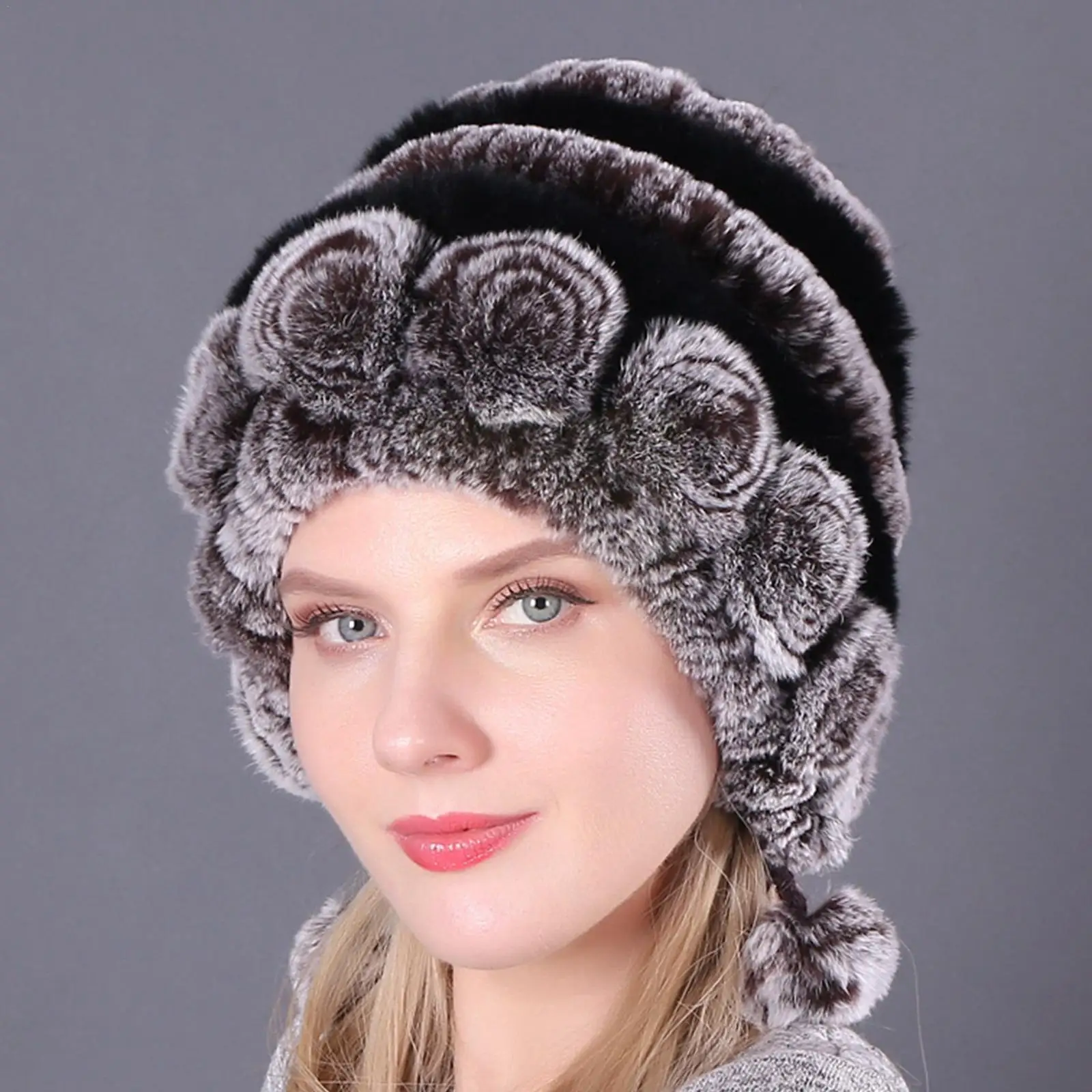 

Женская меховая шапка для зимы, шапки из натурального меха кролика Рекс, русские женские меховые головные уборы, уличные теплые меховые шапки с цветами, шапки A4g3