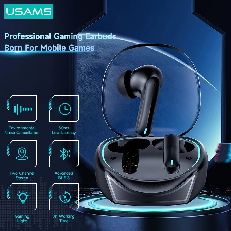 USAMS XJ BT 5.3 TWS Gaming Earbuds AAC SBC HiFi Stereo Dual-mic ENC Wireless Earphone Headset For iPhone Apple Android Device