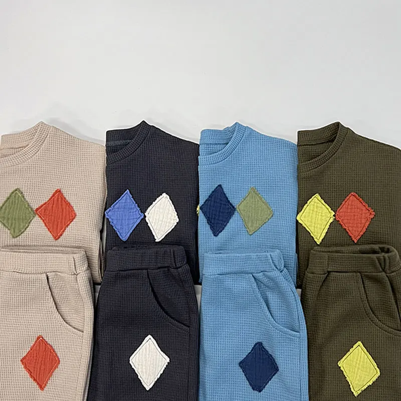 

Baby Kids Waffle Cotton Clothes Sets Full Sleeve Sweatshirt and Pants Sports Style Casual Clothing Boys and Girls Suits