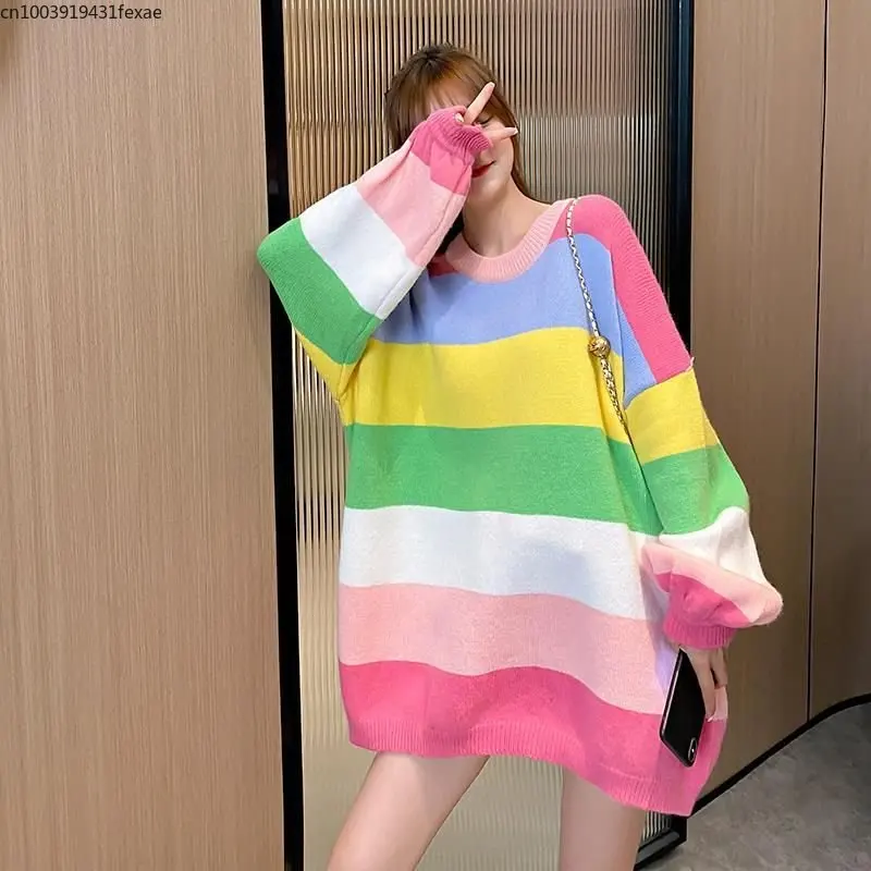 

Rainbow Knitted Sweater Women Loose 2023 New Spring/autumn Clothes Korean Hong Kong Flavor Chic Foreign Woman Sweaters Top Cute