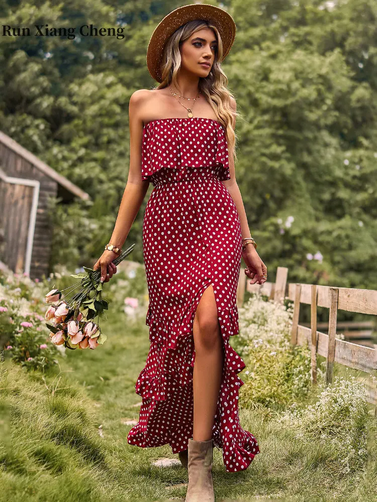 

Women's Dress 2023 Spring Summer One Shoulder Sexy Elegant Party Long Chic Ankle-Length Vintage Polka Dot Holiday Split Dress
