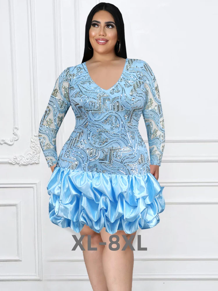 

Plus Size Sequins Dresses for Women v Neck Long See Through Sleeve Bodycon Embroidery Sparkly Gowns Evening Pa 3xl 4xl 5xl 6xl