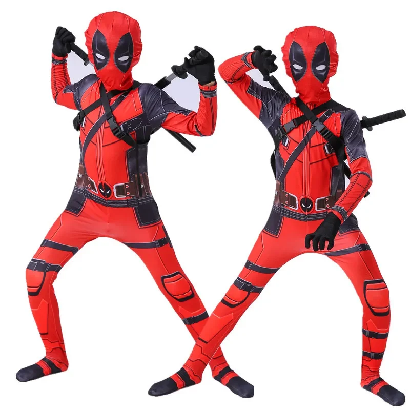 Adult Deadpool Costume Men Women Kids Cosplay Mask Suit Jumpsuit Backpack Knif Accessories Superhero Halloween Child