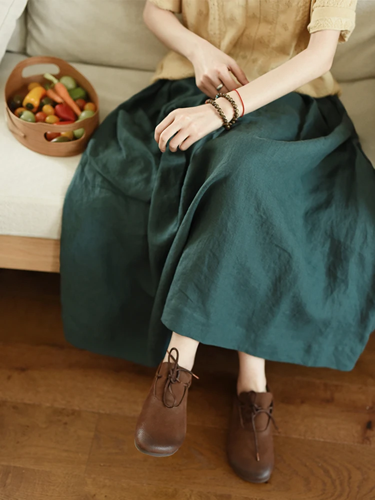 

63-88cm Elastic Waist / Spring Summer Women All-match Casual Loose Dark Green Comfortable Water Washed 100% Linen Skirts