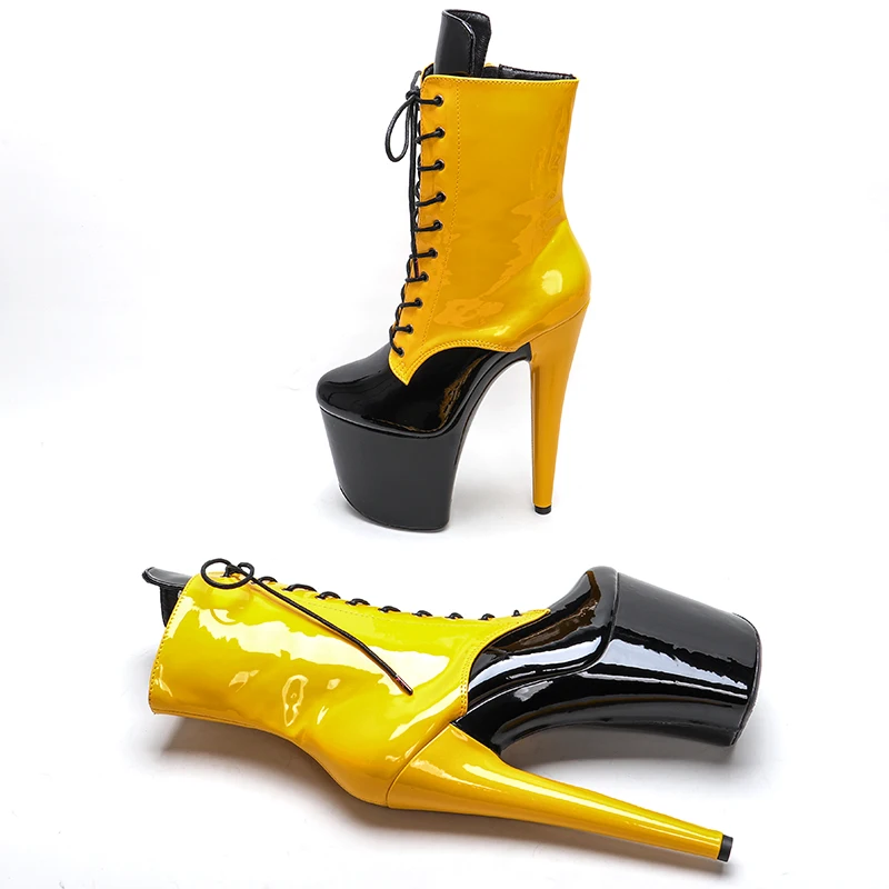 Leecabe 8inch/20CM Patent upper  yellow with black color  High Heel platform Boots closed toe Pole Dance boot