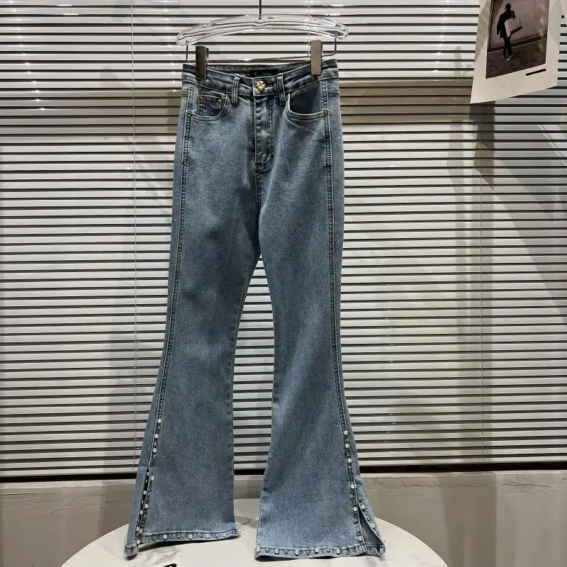 

2022 Spring New Pearl Trousers Beaded Split Washed Micro-Pull Jeans Women's Fashion Denim Pants Ladies Full Length Jean Trouser