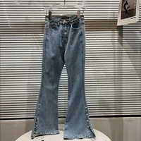 2022 spring new pearl trousers beaded split washed micro pull jeans womens fashion denim pants ladies full length jean trouser