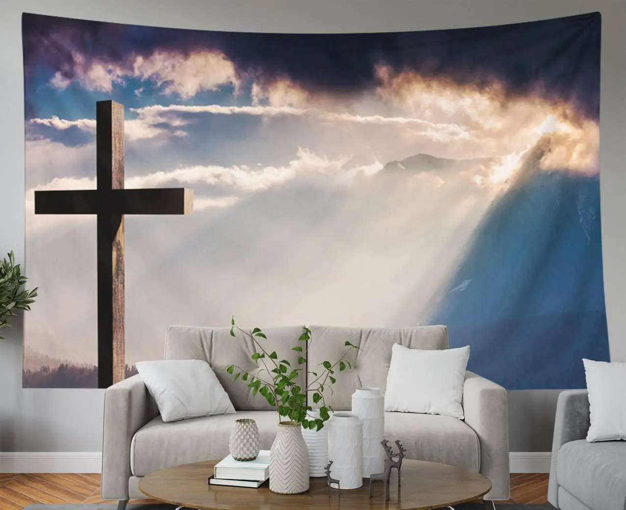 

Blue Tapestries,Shorping 80x60Inches Hanging Wall Tapestry for Decor Living Room Dorm Christ Cross Easter