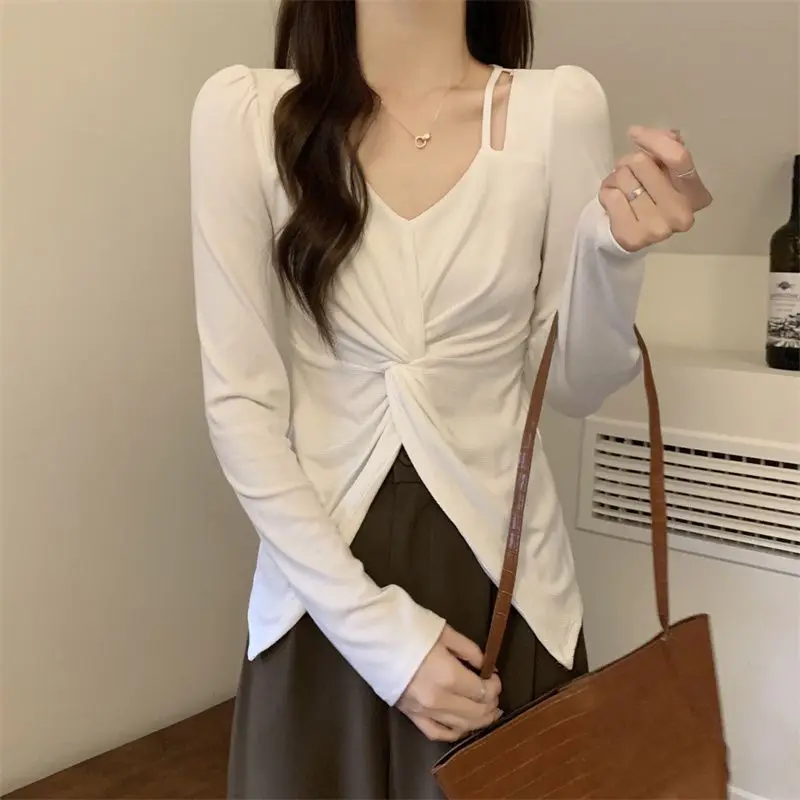 

Folds Top Women Long Sleeve Tees Solid Women T Shirt Korean Style V-neck Autumn Tshirts Femme Irregular Clothes Japanese 2023