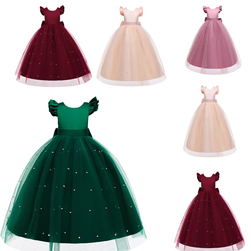 

2022 Girls Princess Dress Summer 5-14Yrs Casual Bow Lace Pearl Elegant Ball Birthday Role-Playing Party Perform Children Dress