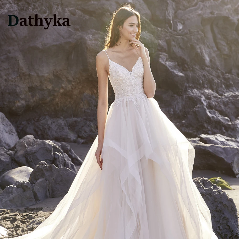 

Dathyka Sexy Beading Lace Wedding Dresses Spaghetti Strap Button Fitted Long Wedding Gown For Women Customized Vestidos De Novia