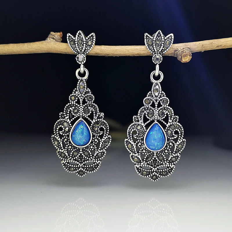 

Luxury Hollow Leaf Flower Blue Opal Teardrop Stone Earrings Women Jewelry Full Crystals Handmade Drop Dangle Earrings
