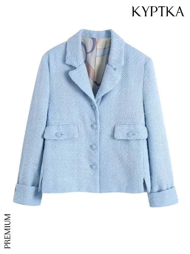 

KYPTKA Women Fashion With Buttoned Tweed Blazer Coat Vintage Long Sleeve Flap Pockets Female Outerwear Chic Veste Femme