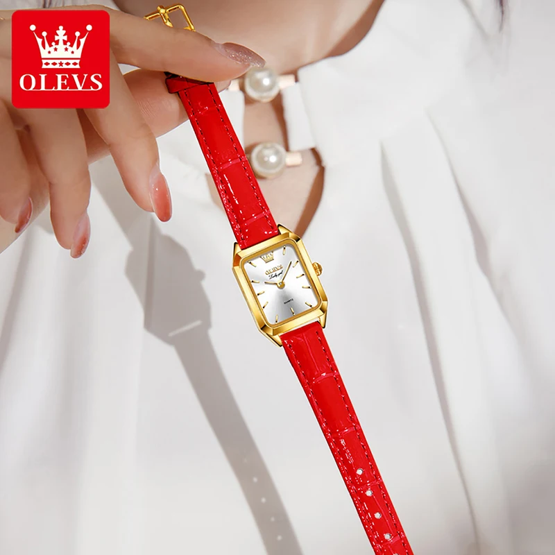 OLEVS Trend Fashion Quartz Women Watch 2023 New Luxury Gold Plated Case Square Dial Design Womens Watch Waterproof Leather Strap