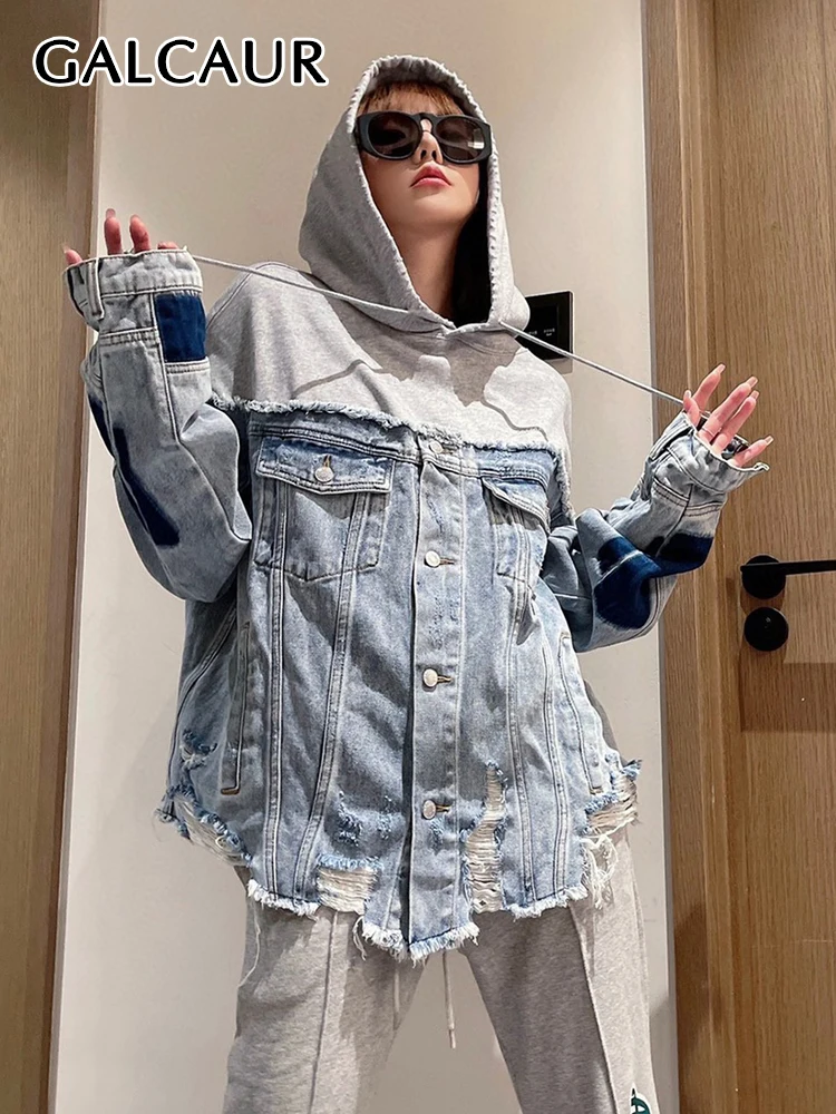 

GALCAUR Hit Color Denim Sweatshirt For Women Hooded Patchwork Drawstring Long Sleeve Irregular Hem Loose Sweatshirts Female New