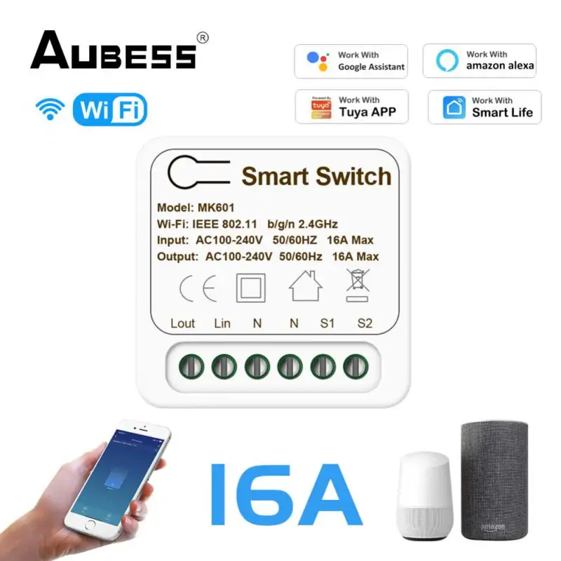

Aubess 16A MINI Wifi Smart Switch Supporte 2way control Timer Wireless Switches Smart Home Automation For Tuya Alexa Google Home