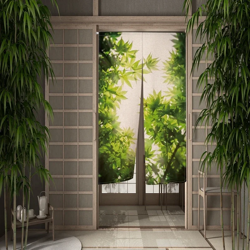 Льняная полупрозрачная штора для двери Nature Green Leaves