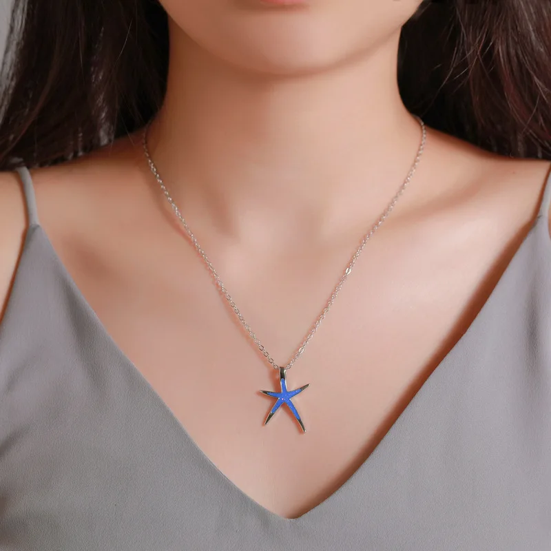 

Hot New Blue Auspicious Necklace Fashion Simple Five pointed Star Collar Chain Blue Starfish Pendant Cross border Jewelry