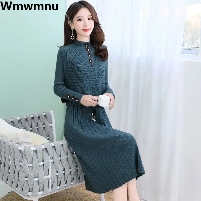 

Thick Slim Knitted Dress 2 Piece Set V-neck Casual Tops + Midi Knitwears Vestido Conjuntos Bottoming Sweater Dresses Outfit