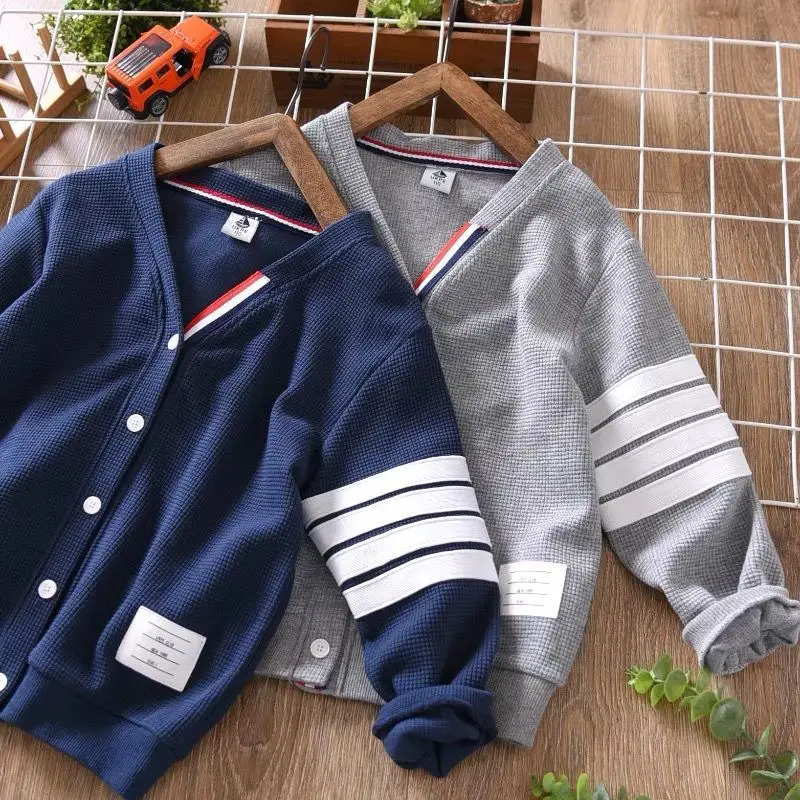 Boys' Cardigan Coat Spring and Autumn Medium and Big Children  New Casual Top Korean Super Hot Knitwear Western Style